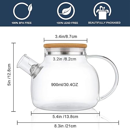 Glass Teapot Stovetop 34 OZ/1000ml, Borosilicate Clear Tea Kettle with Removable Filter Spout - Sip&