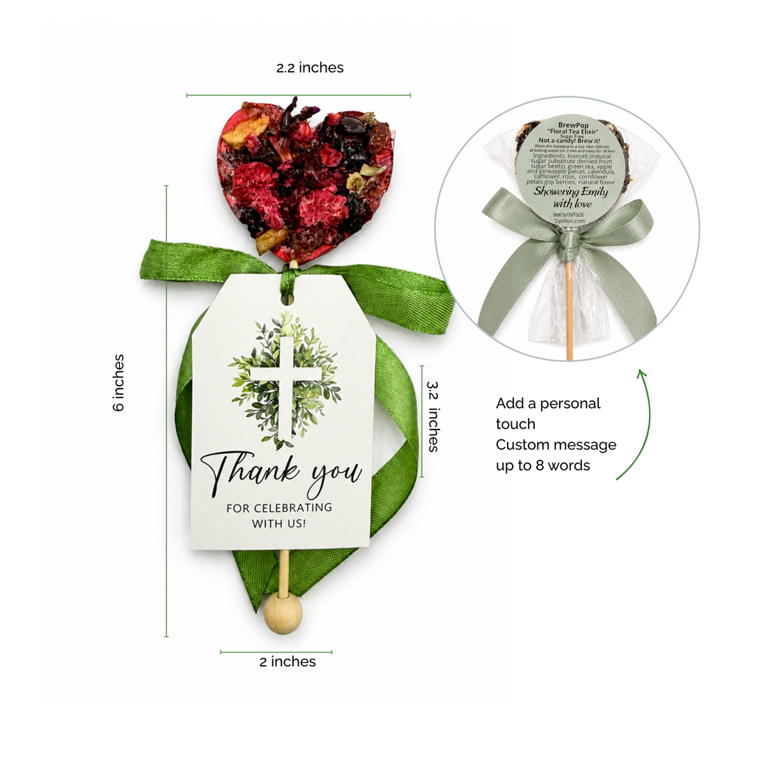 Brew Pop – Grace and Gratitude Tea Favor Green Ribbon (minimum order 25 pieces) - Sip&