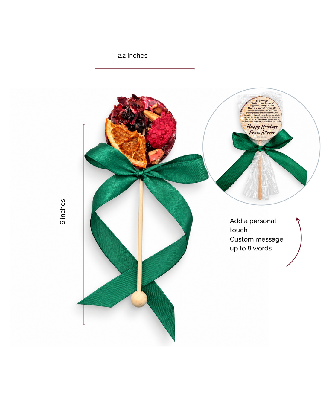 Christmas Punch Brew Pop with Green Ribbon and Your Message (minimum order 10 pieces)
