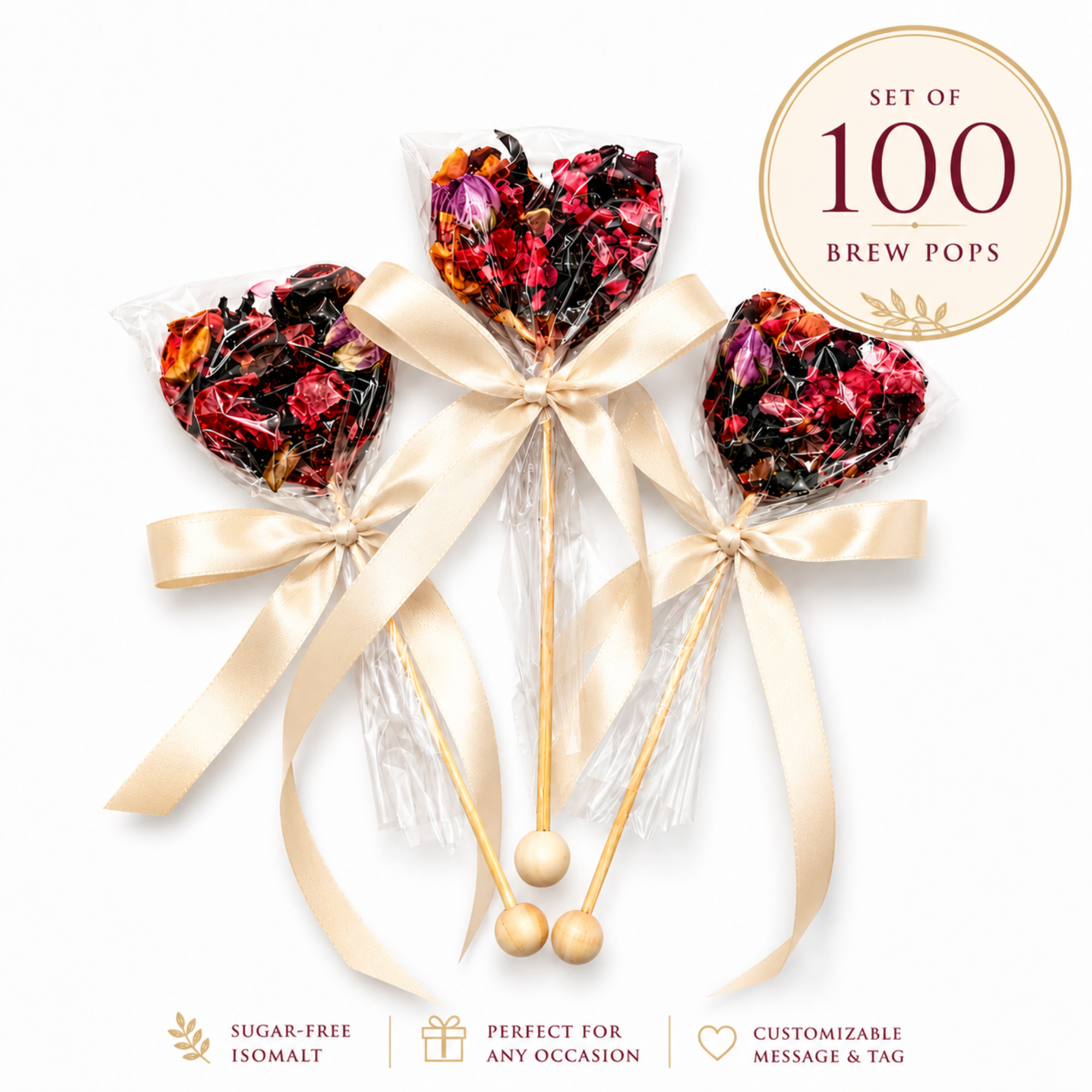 100 Brew Pops with Custom Ribbon and message on the back sticker. 16 colors available