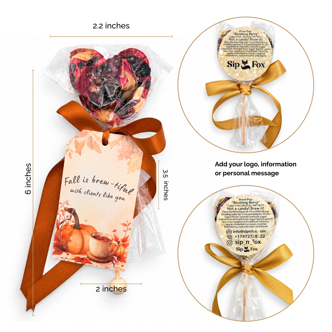 Client appreciation tea lollipop with your logo printed in black on the back sticker