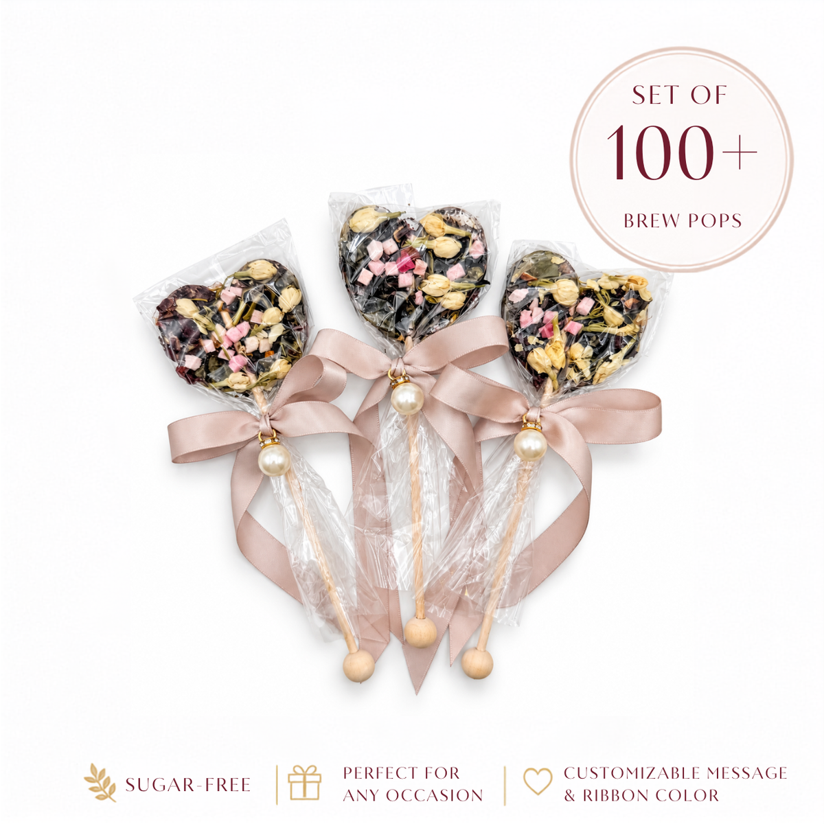 100 + Brew Pops with Pearl and Custom Ribbon - 16 colors available (minimum order 100 pieces)