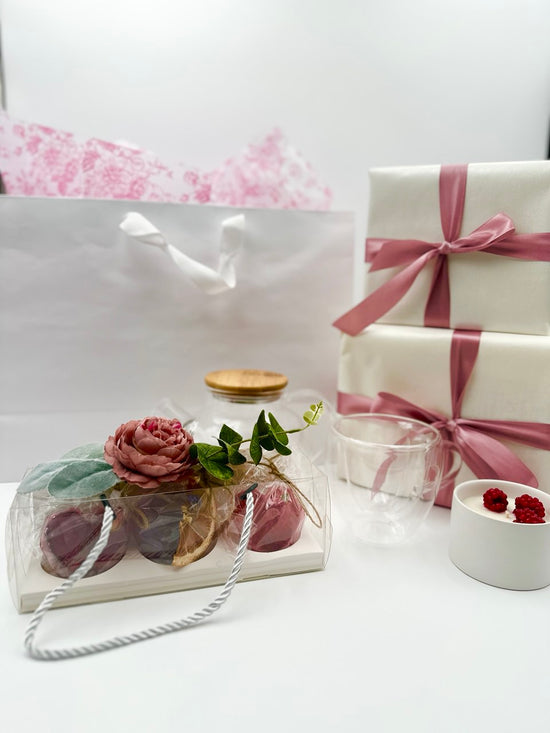 Gift Set 4: 3 Tea Bombs+Organic Candle “Raspberry”+Glass Cup+Teapot+Gift Bag