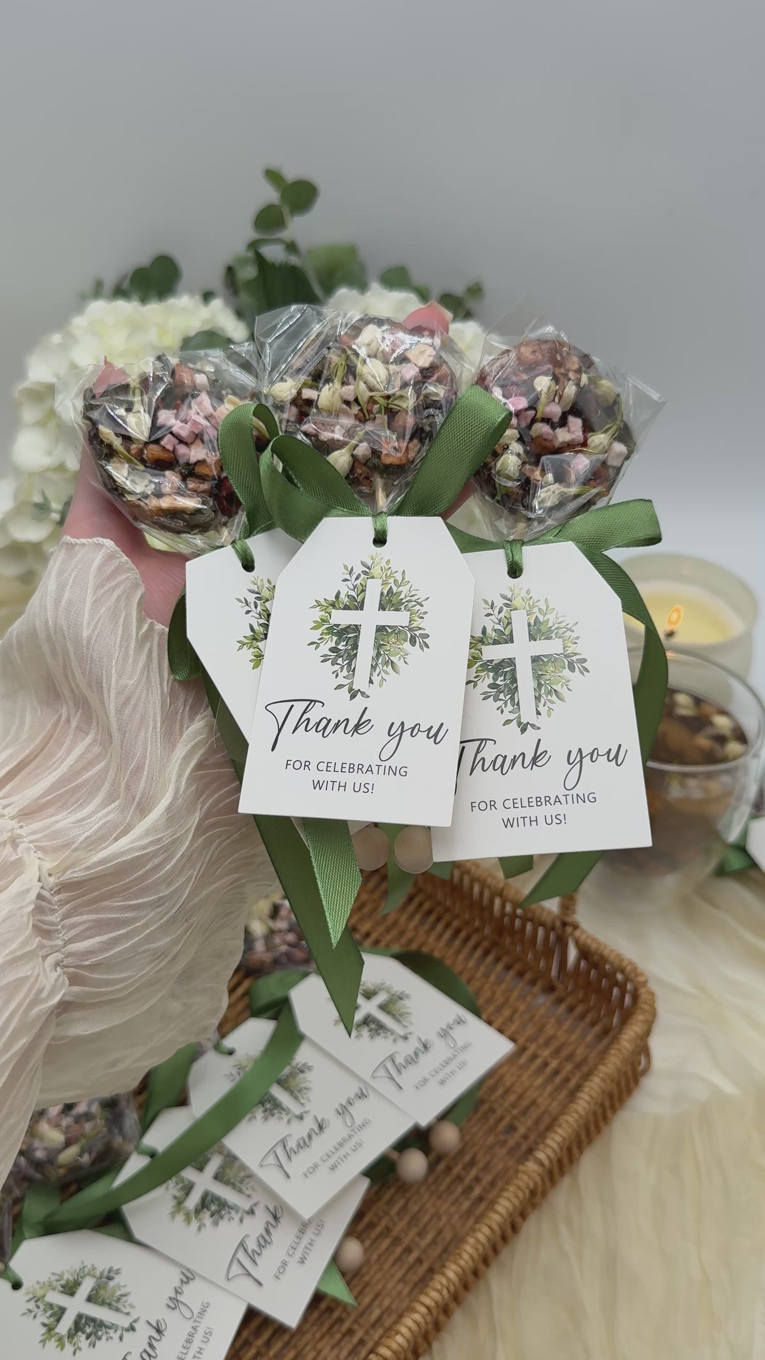 Brew Pop – Grace and Gratitude Tea Favor Green Ribbon (minimum order 10 pieces)